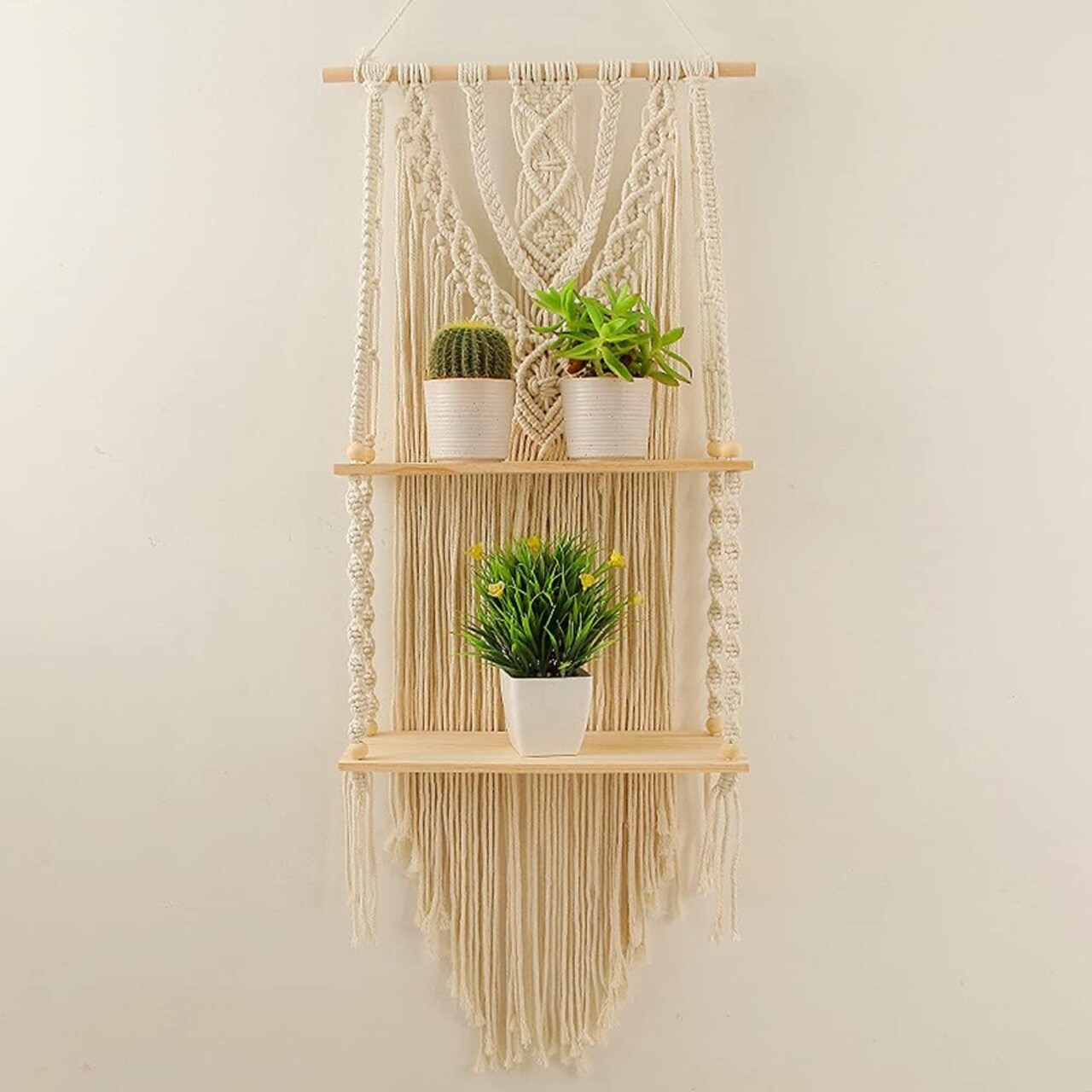 Macramé Wall Hanging Shelf – 2-Tier Boho Floating Shelves for Wall, Handmade Macramé Rope Organizer for Plants, Decorative Bohemian Storage and Room Décor